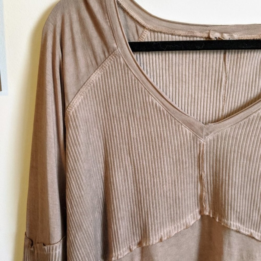 POL Mauve Boho Distressed Rib Long Sleeve